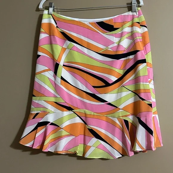 Talbots Vibrant Pink White Green Black Pop Art Abstract Silk Mini Skirt - Picture 2 of 4